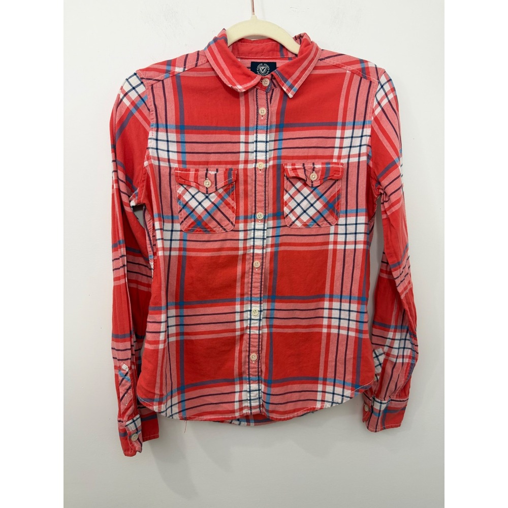 American Eagle Outfitters Favorite Fit Plaid Shirt Red White Blue Cotton Mens M